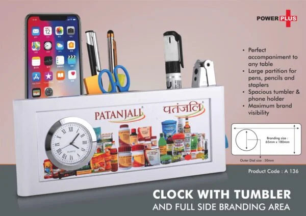 A136 – Clock with tumbler and full side branding area | Branding included