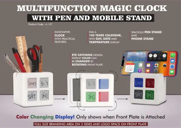 A137 – Multifunction Magic Table Clock with Tumbler | Color Changing Display | Spacious Pen Stand with Phone stand