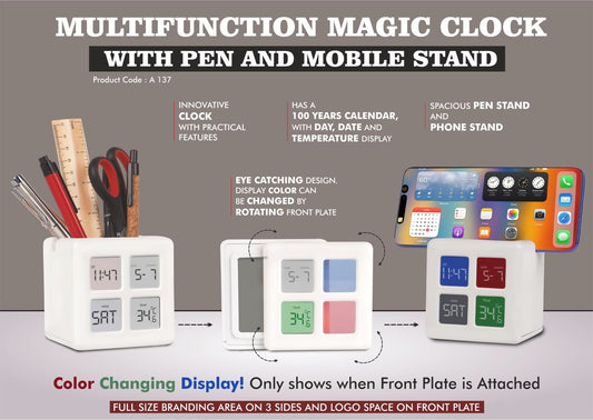 A137 – Multifunction Magic Table Clock with Tumbler | Color Changing Display | Spacious Pen Stand with Phone stand