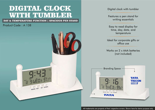 A138 – Digital Clock with Tumbler | Day & Temperature Function | Spacious Pen Stand
