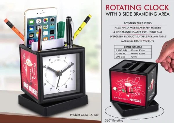 A139 – Rotating clock with 3 side branding area | Has pen stand & large stationery holder