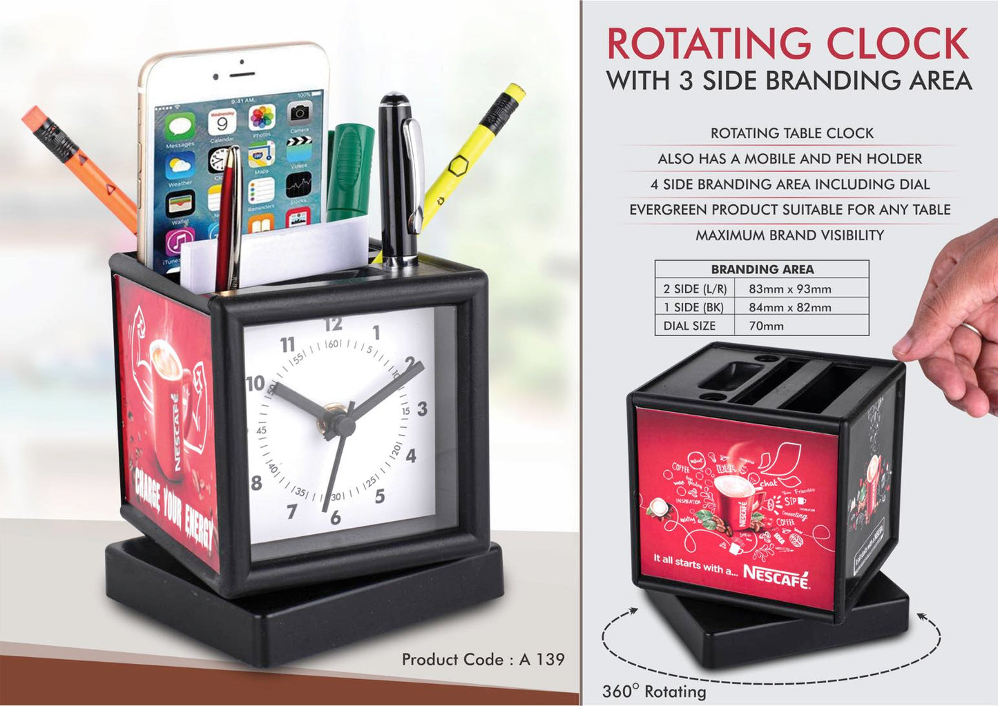 A139 – Rotating clock with 3 side branding area | Has pen stand & large stationery holder