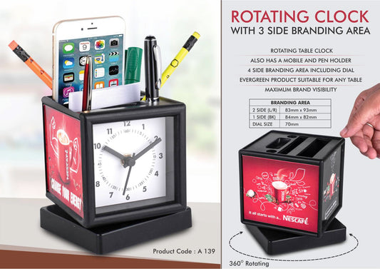 A139 – Rotating clock with 3 side branding area | Has pen stand & large stationery holder