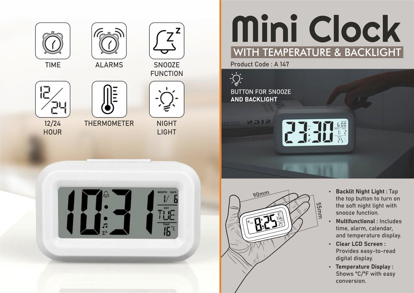 A 147 - Mini Clock (with Temperature & Backlight)