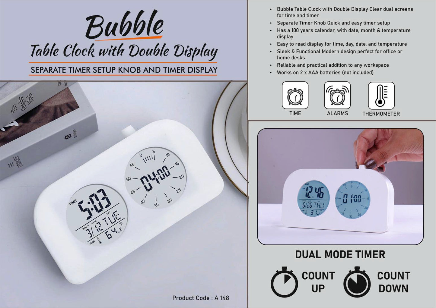 A 148 - Bubble Table Clock with Double Display (with Separate Timer Setup Knob and Timer Display)