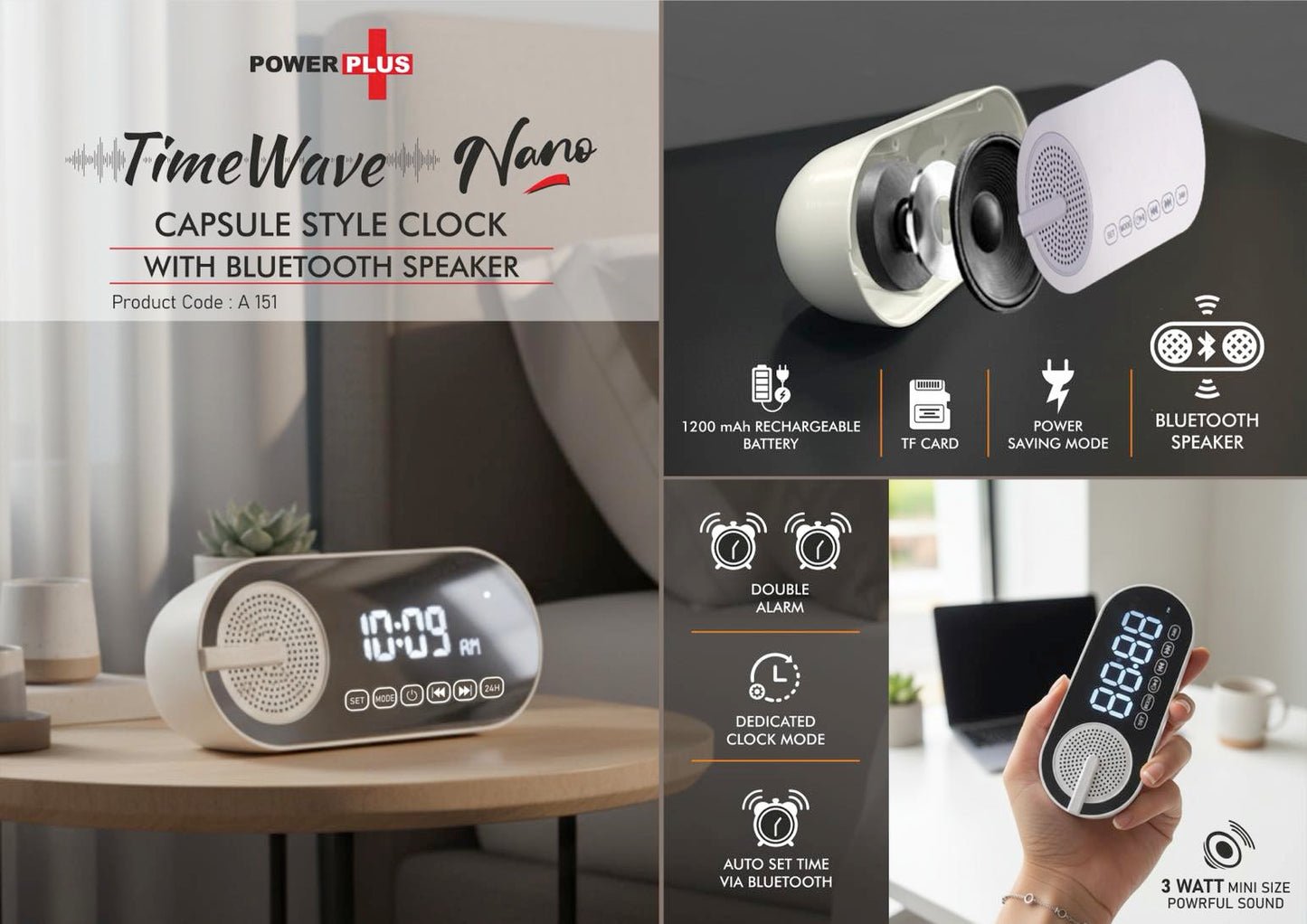 A 151 - TimeWave Nano Capsule Style Clock (with Bluetooth Speaker)