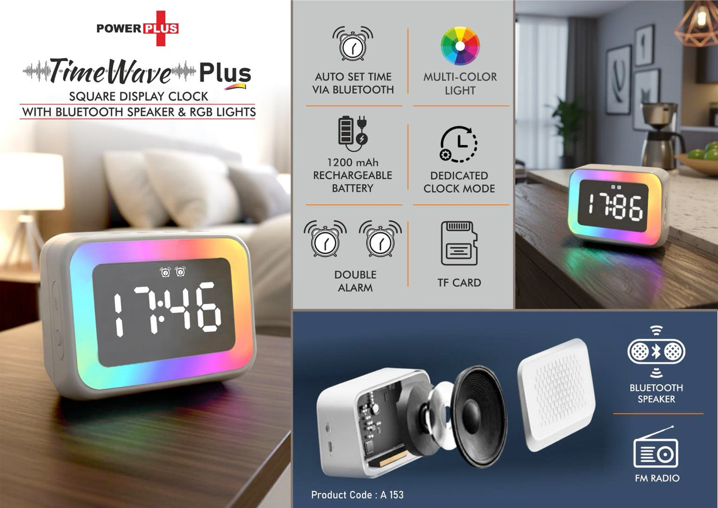 A 153 - TimeWave Plus Square Display Clock (with Bluetooth Speaker & RGB Lights)