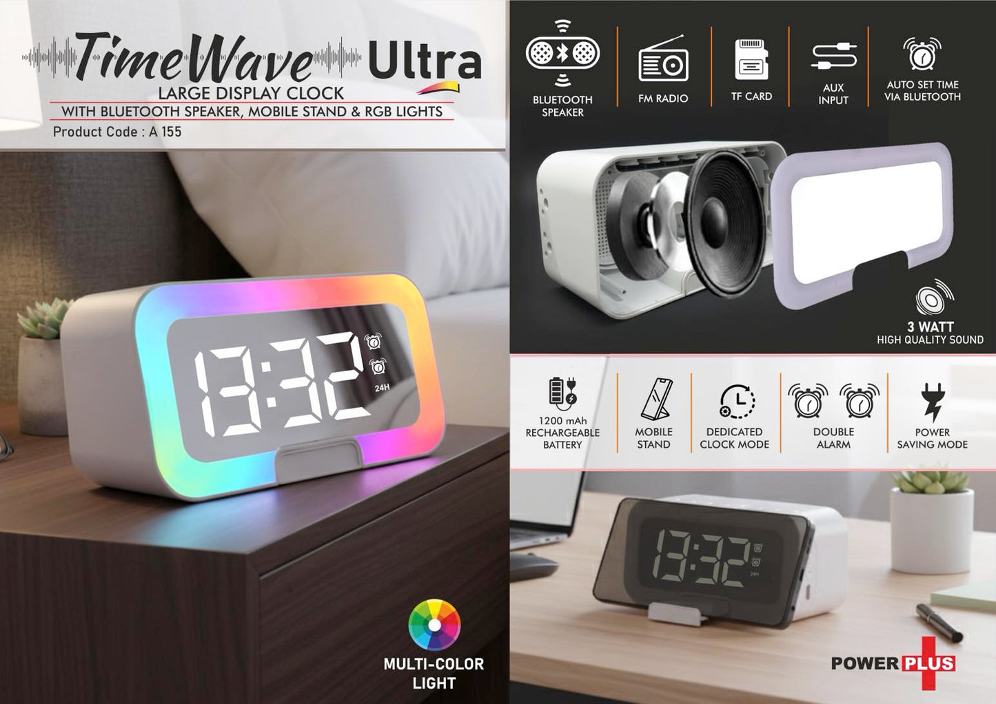 A 155 - TimeWave Ultra Large Display Clock (with Bluetooth Speaker, Mobile Stand &amp; RGB Lights)