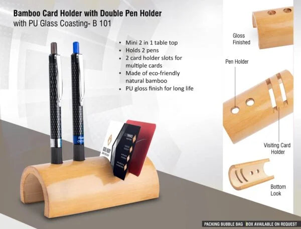 B101 – Bamboo card holder with double pen holder (with PU Gloss coating)