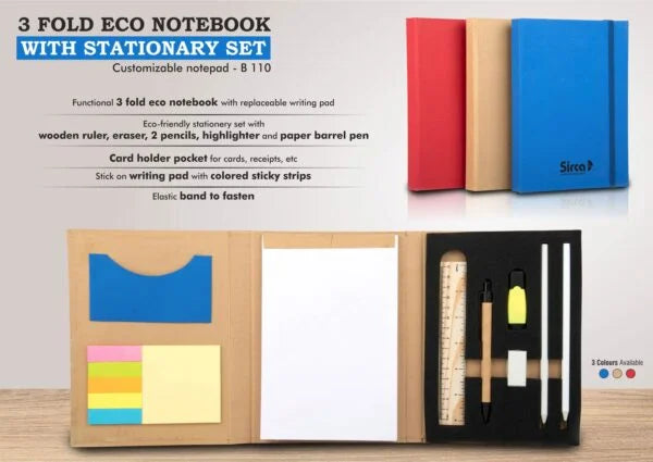 B110 – 3 fold Eco Notebook with stationary set | Customizable notepad