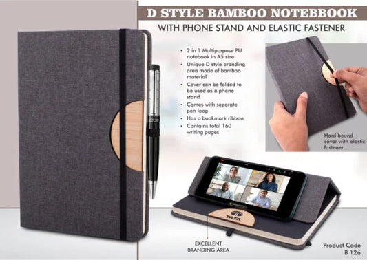 B126 – D style Bamboo notebook with Phone stand and Elastic fastener