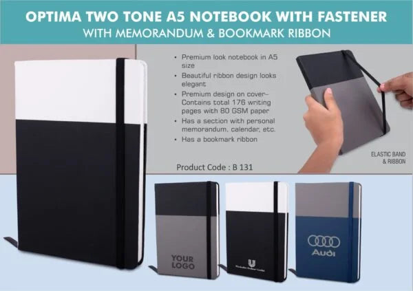 B131 – Optima Two tone A5 notebook with Fastener | With memorandum & Bookmark ribbon
