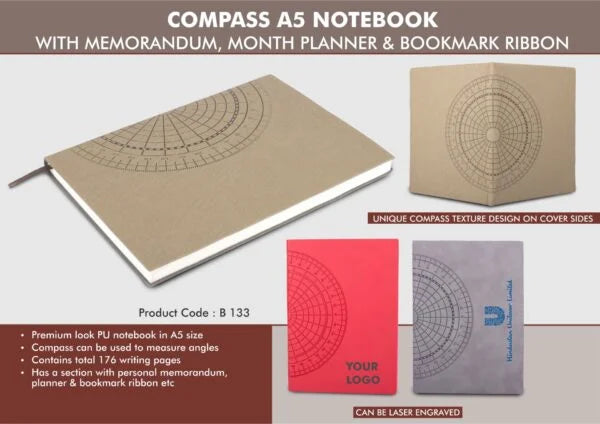 B133 – Compass A5 notebook with memorandum, month planner & bookmark ribbon