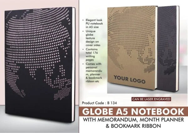 B134 – Globe A5 notebook with memorandum, month planner & bookmark ribbon