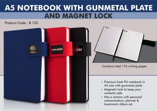 B135 – A5 Notebook with Gunmetal plate and Magnet lock | Hard bound cover | Pages with memorandum, month planner & bookmark ribbon