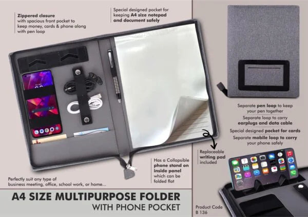 B136 – A4 size multipurpose folder with Writing pad and phone pocket | Complete Zipper enclosure