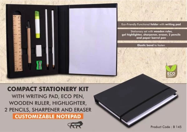 B145 – Compact Stationery kit with Writing pad, Eco Pen, Wooden Ruler, Highlighter, 2 Pencils, Sharpener and Eraser | Customizable notepad