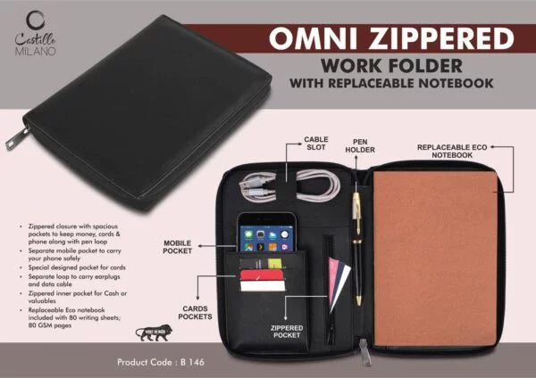 B146 – Omni Zippered Work folder with Notebook | Pockets for cards, phone, pen, cables
