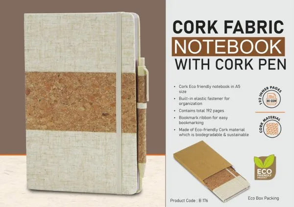 B176 – Cork fabric notebook with Cork Pen | 200 writing sheets | 80 gsm pages