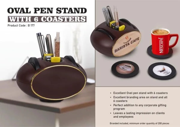 B177 – Oval Pen stand with 6 coasters