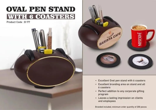 B177 – Oval Pen stand with 6 coasters