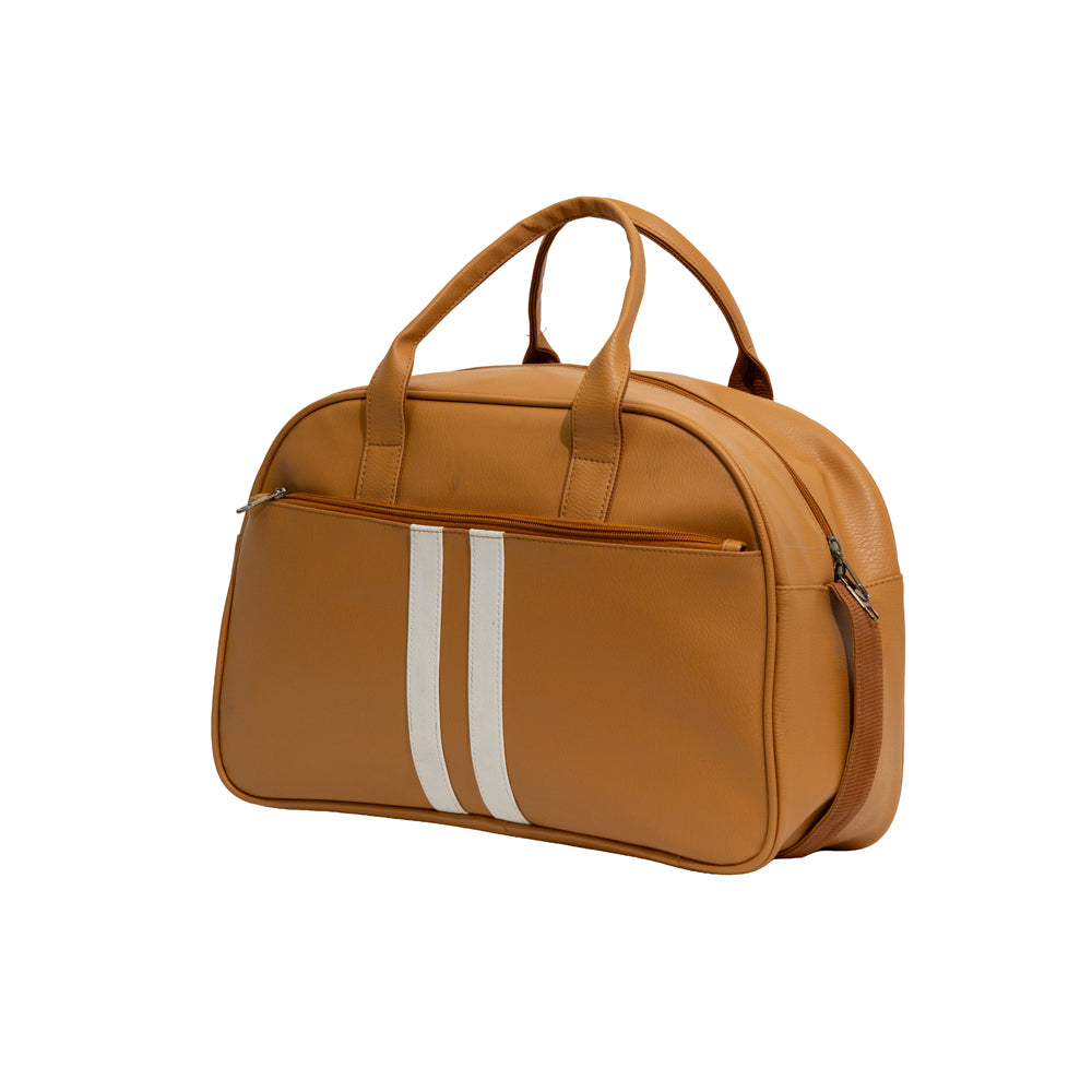 Tan Brown Retro Striped Faux Leather Travel Duffle Bag (Model: TXL402)