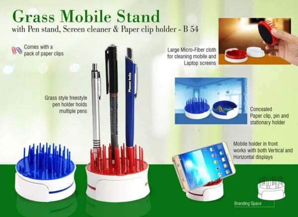 B54 – Grass Mobile stand with Pen stand, screen cleaner & paper clip holder