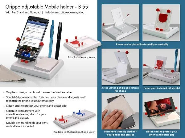 B55 – Grippo Mobile holder with angle adjustment, pen stand, and notepad