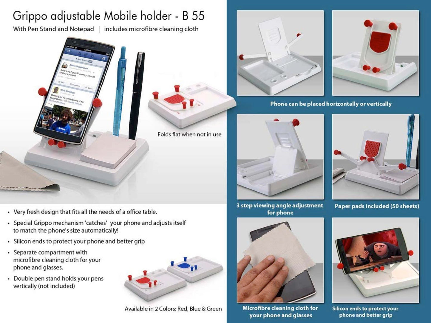 B55 – Grippo Mobile holder with angle adjustment, pen stand, and notepad