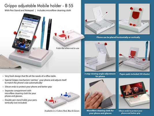 B55 – Grippo Mobile holder with angle adjustment, pen stand, and notepad