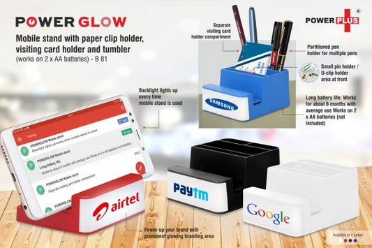 B81 – Powerglow Mobile stand with paper clip holder, visiting card holder and tumbler (works on 2 x AA batteries)