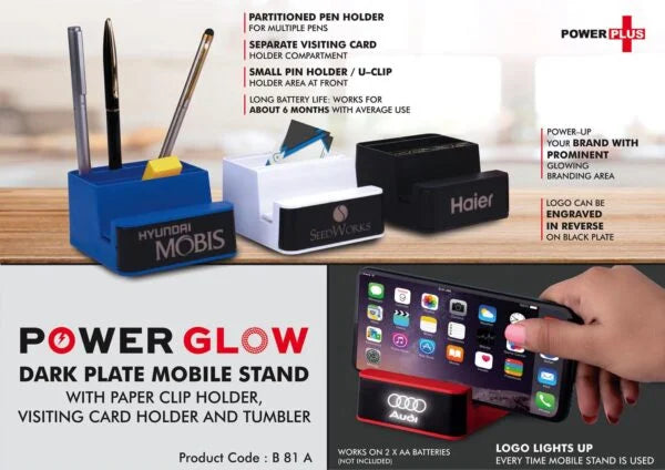 B81a – PowerGlow Dark Plate Mobile stand | With paper clip holder, visiting card holder and tumbler | Works on 2 x AA batteries