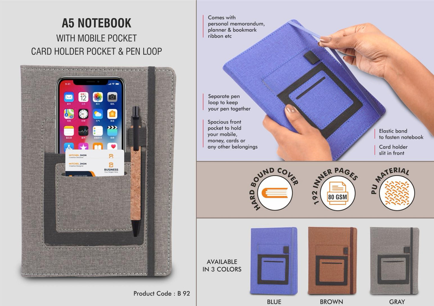 B92 – A5 notebook with mobile pocket, card holder pocket & pen loop