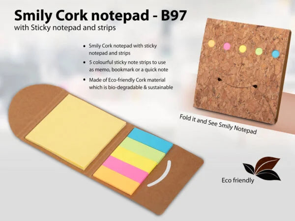 B97 – Smily Cork notepad with Sticky notepad and strips