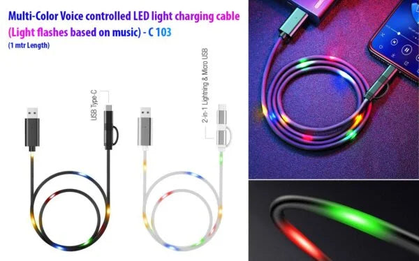 C103 – Voice controlled LED light charging cable (Multicolor) | Light flashes based on music | 1 mtr Length