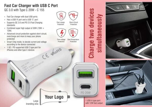 C155 – Fast car charger with USB C port | QC 3.0 withType C 20W