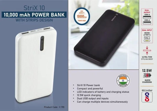 C190 – Strix 10: 10,000 mAh Power bank with Strips design | 12.5W output | Dual USB output & inputs