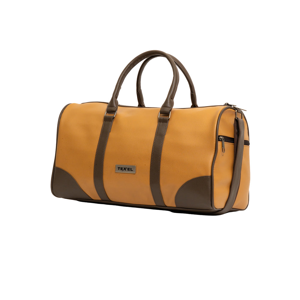 Tan Brown & Coffee Trim Faux Leather Travel Duffle Bag (Model: R406)