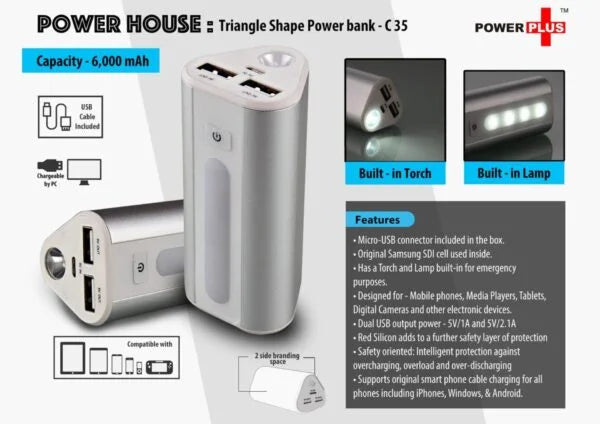 C35 – Power Plus Power House : Triangle shape Power Bank with Lamp and Torch (Dual USB Port) (6000 mAh)