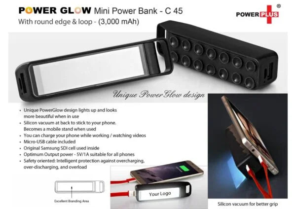 C45 – PowerGlow Round edge ‘Mini’ power bank with loop (3,000 mAh)