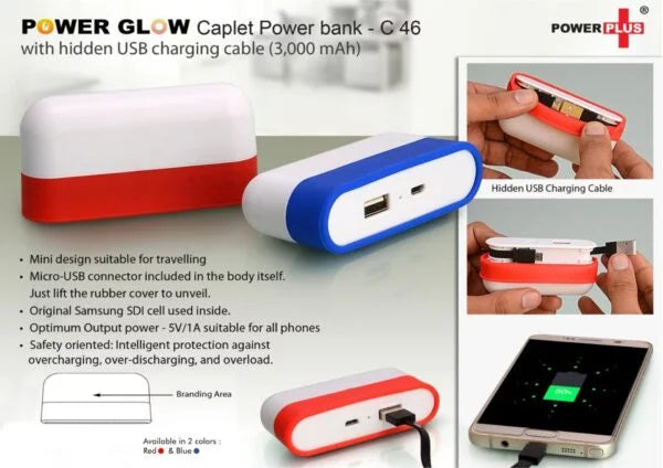 C46 – Caplet Power bank with hidden wire (3,000 mAh)