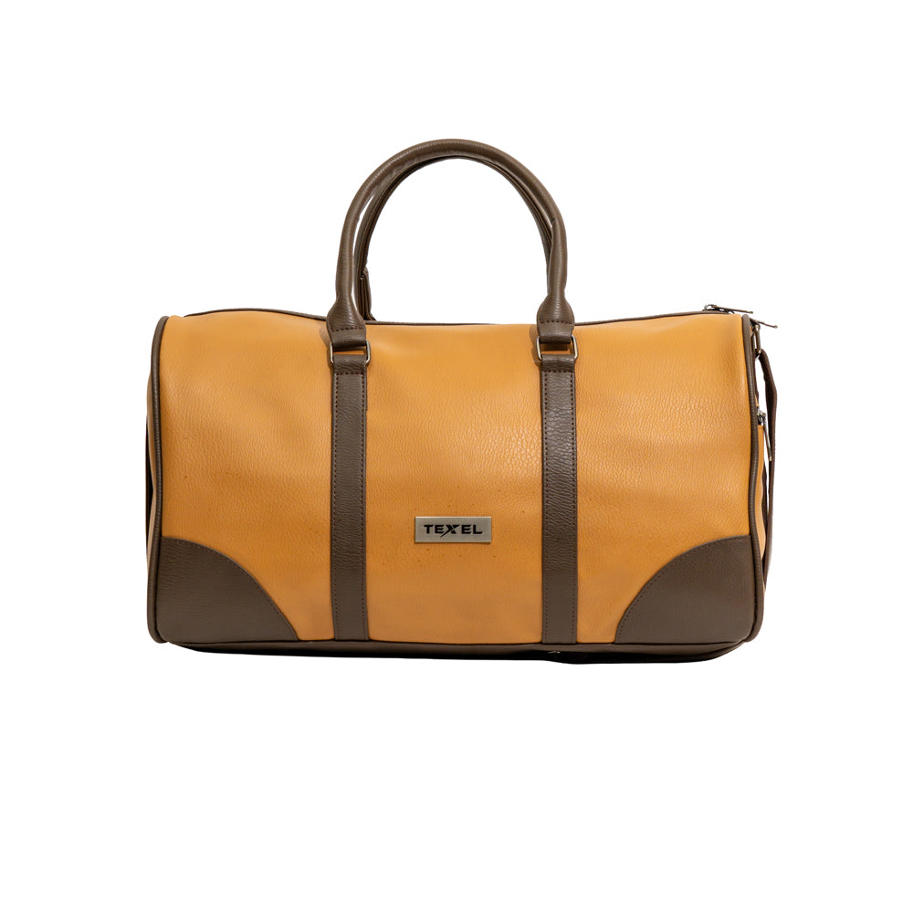 Tan Brown & Coffee Trim Faux Leather Travel Duffle Bag (Model: R406)