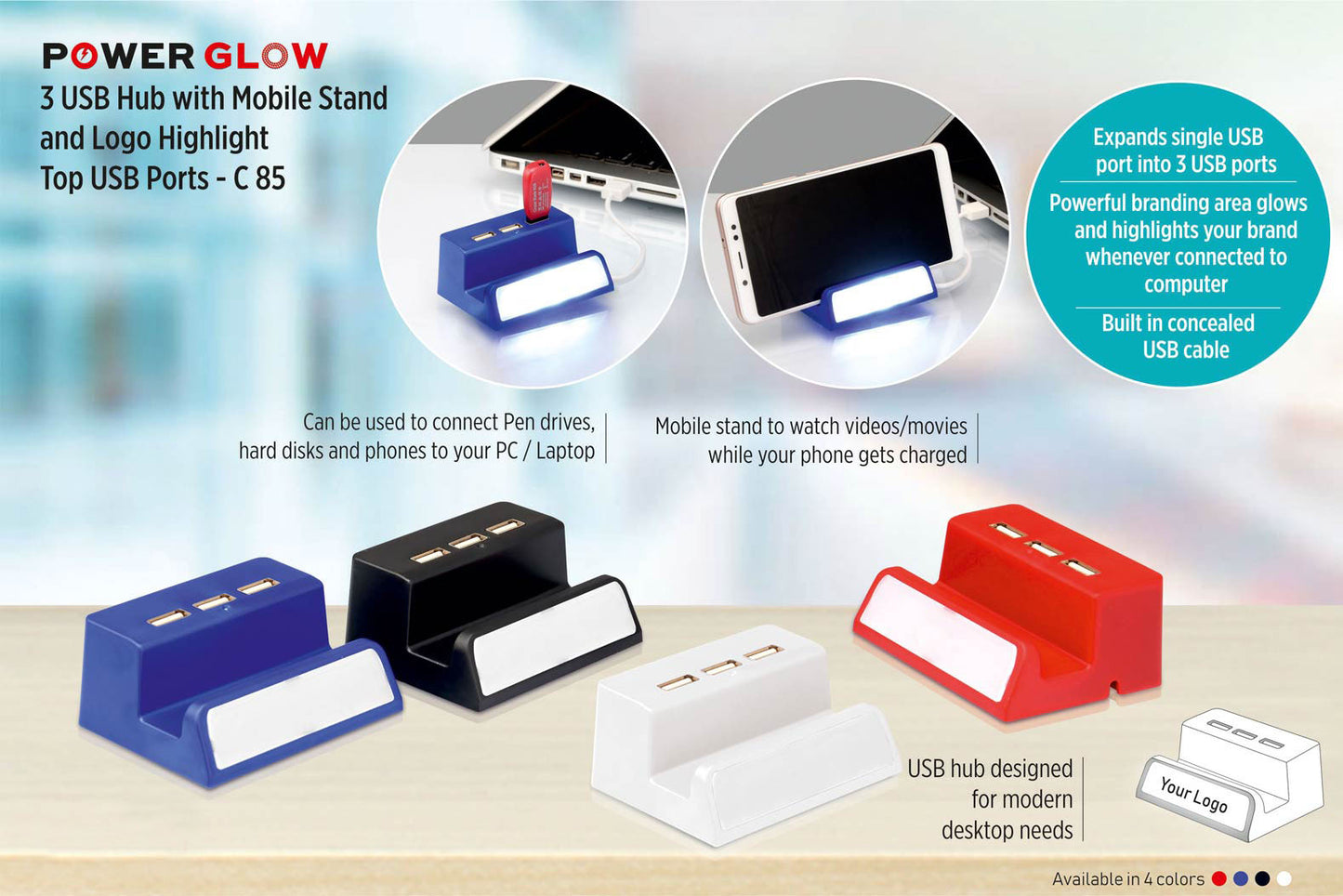 Power Glow 3 USB Hub with Mobile Stand (Model: C 85)