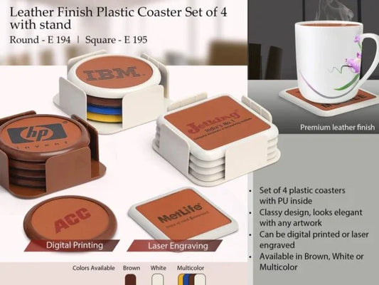 E194 – Leather finish Plastic coaster set of 4 with stand (round)