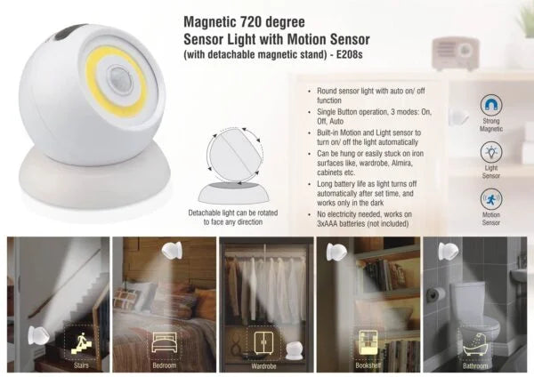 E208s – Magnetic 720 degree Sensor light with motion sensor (with detachable magnetic stand)