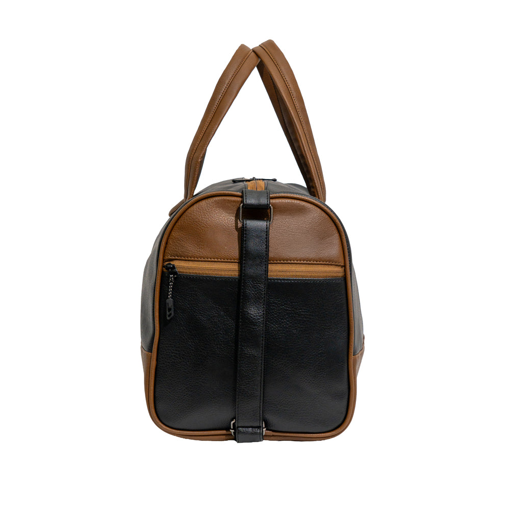 RENOVA Black & Tan Brown Dual-Tone Faux Leather Travel Duffle Bag