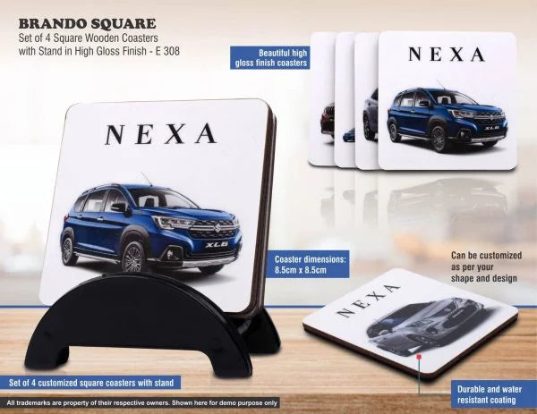 E308 – Brando Square: Set of 4 Square Wooden coasters with Stand in High Gloss Finish