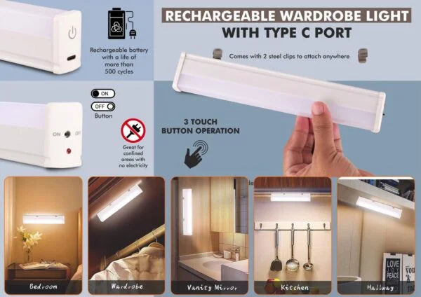E333 – Rechargeable wardrobe light With Type C port | Touch sensor button | 3 step brightness | Metal clamp & screws included
