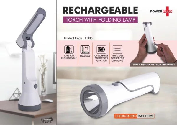 E335 – Rechargeable Torch with Folding Lamp | 1200 mAh rechargeable battery | Type C charging port