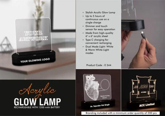 E344 – Acrylic Glow Lamp – Rechargeable| 1200 mAh battery| White & Warm white light| Dimmer & Touch Sensor| 6 x 6″ Acrylic sheet| Type C charging| Branding Included MOQ 200 pcs